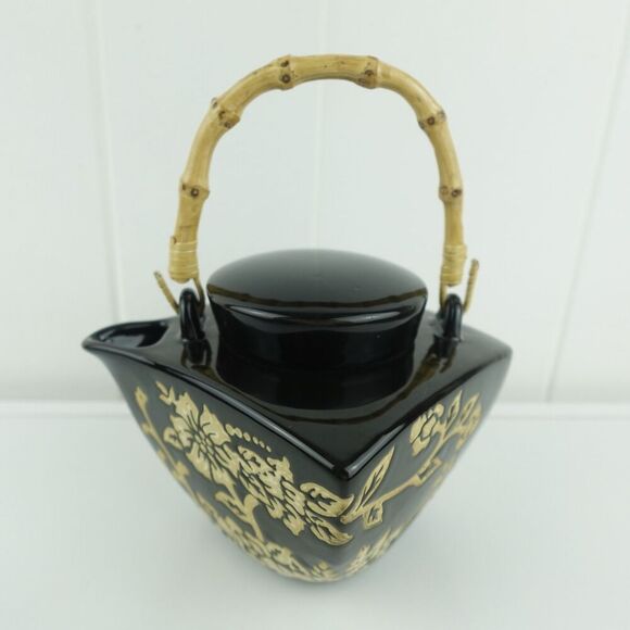 Asian Black and Beige 5pc Ceramic Tea Set Floral Design Bamboo Handle - Picture 3 of 14